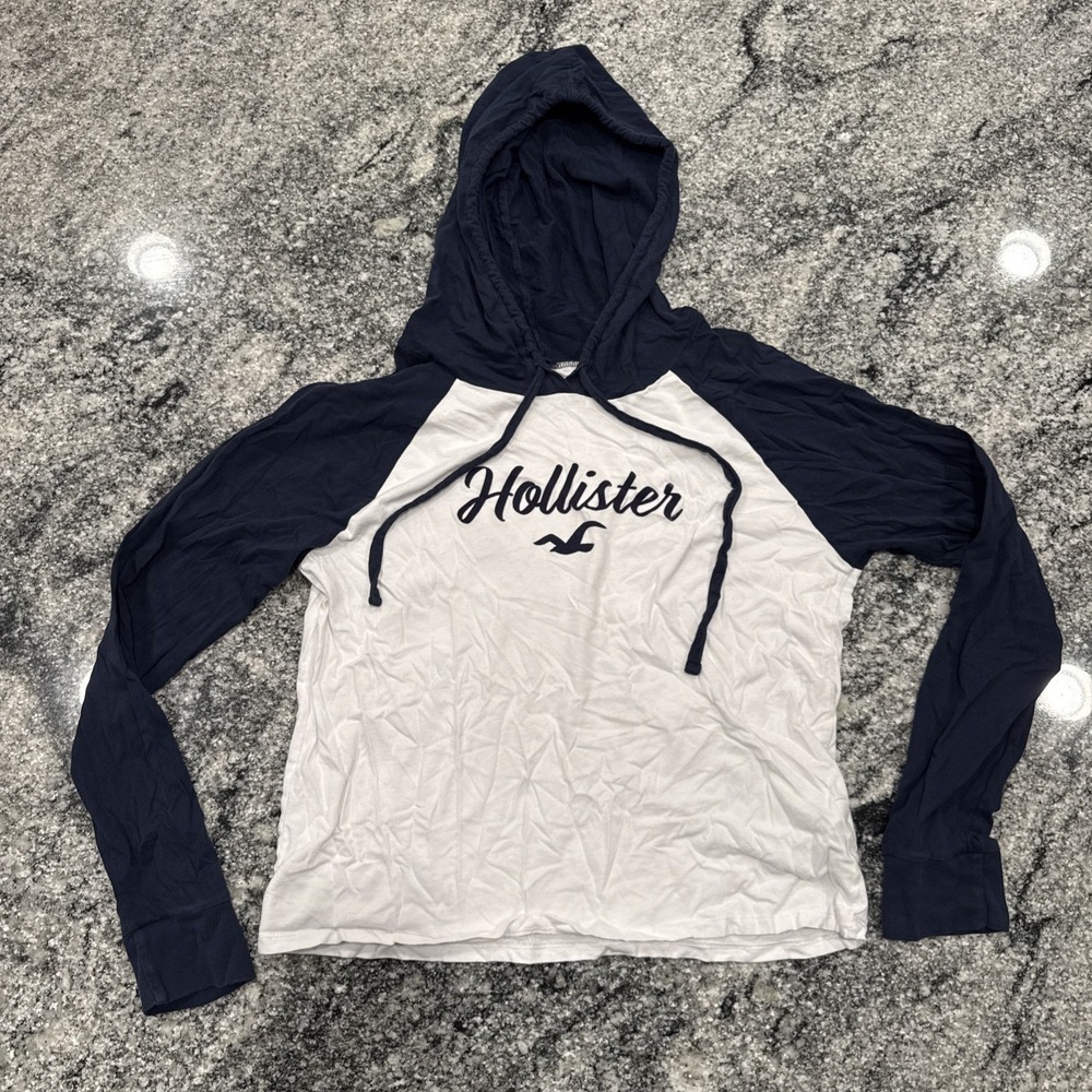 Hollister Hoodie Women Medium Cursive Logo Long Sleeve Drawstring Crop Blue #511